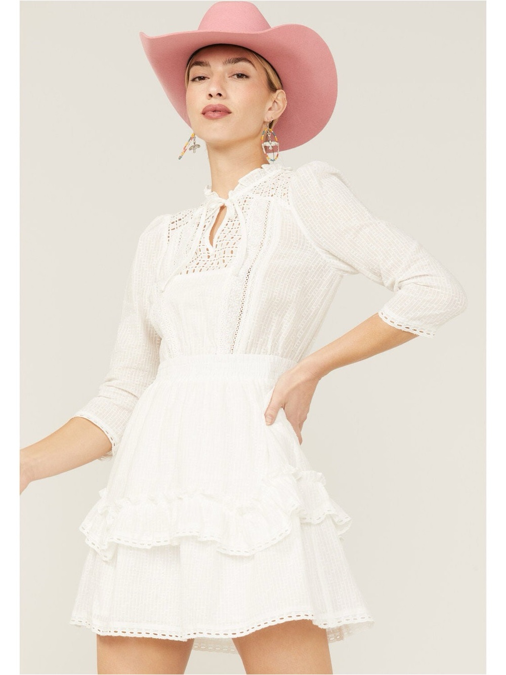 100% Cotton White Lace Trim Tiered Dress Size M